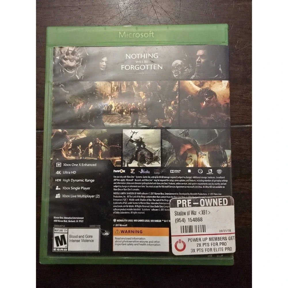 Middle Earth Shadow of‎ War Xbox One Video Game M Rated 4K HDR